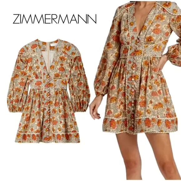 Zimmermann Andie Buttoned Floral Linen Mini Dress Long Sleeve 3 Large - Picture 3 of 16